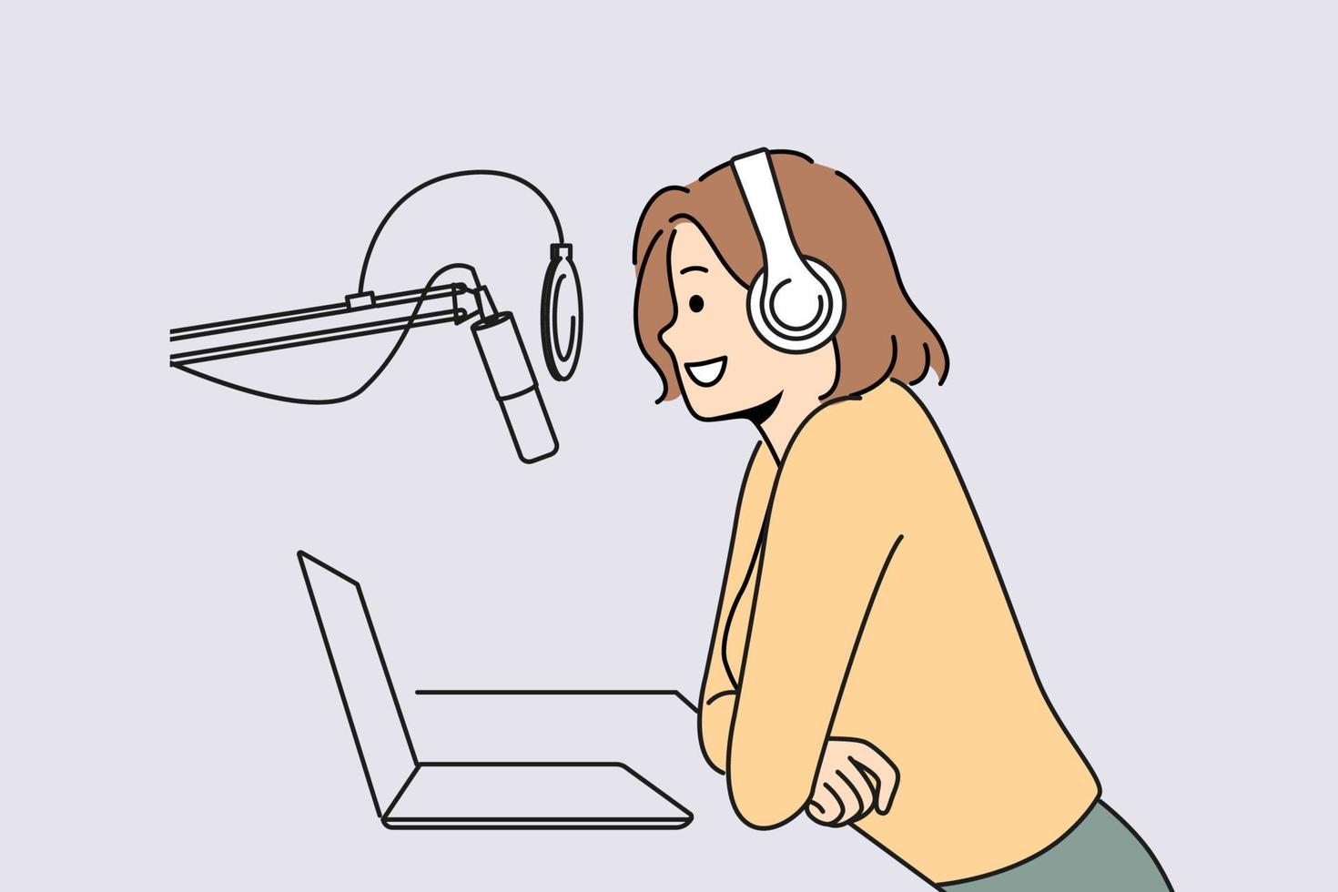 sonriente mujer en auriculares grabar podcast hablar en micrófono en estudio. contento hembra anfitrión con mic hablar a En Vivo transmisión. ocupación. vector ilustración.