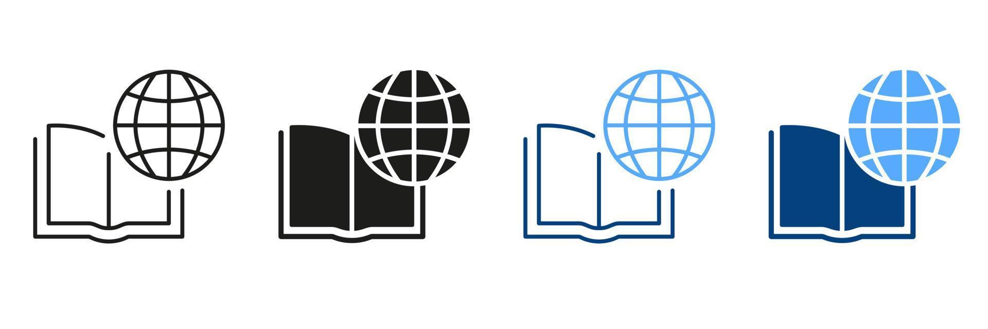 International Education Silhouette and Line Icon Set. Global Learning, Distance Education, Online Courses. Academy Online Library. Open Book with Globe Color Sign. Isolated Vector illustration.