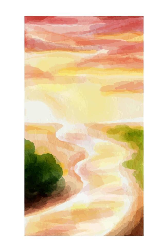 Watercolor landscape, red sunset over river, forest vector