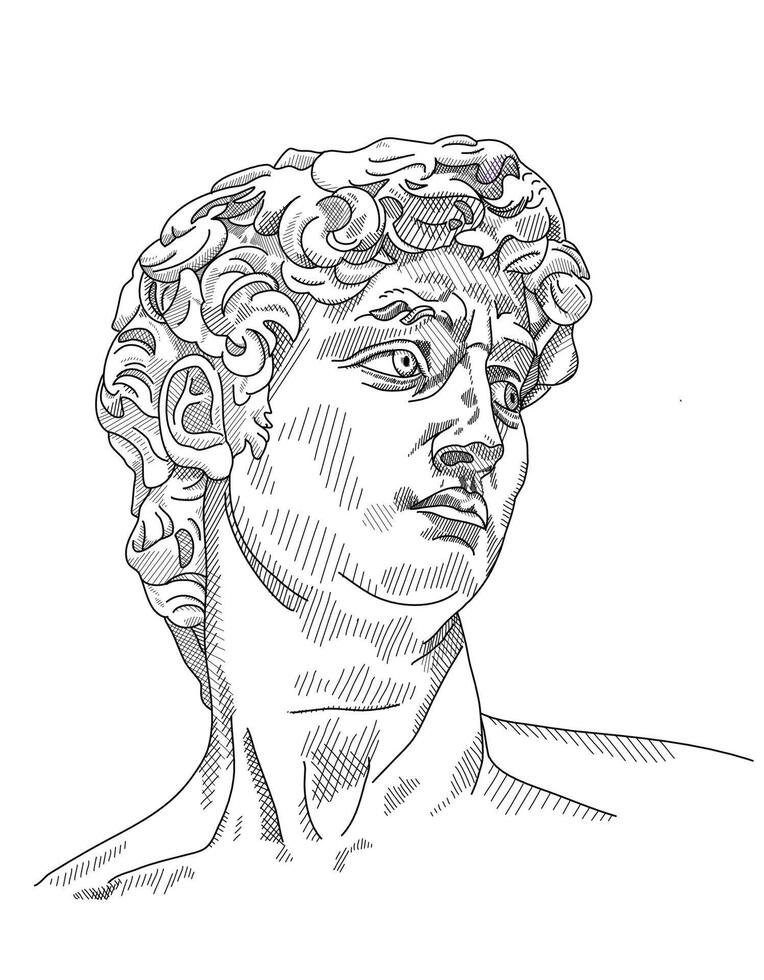 Art  of sculpture objects for the exhibition of classical and contemporary painting, music. Hand illustration, David plaster bust, antique statue. Drawings for poster. Ancient Greece vector