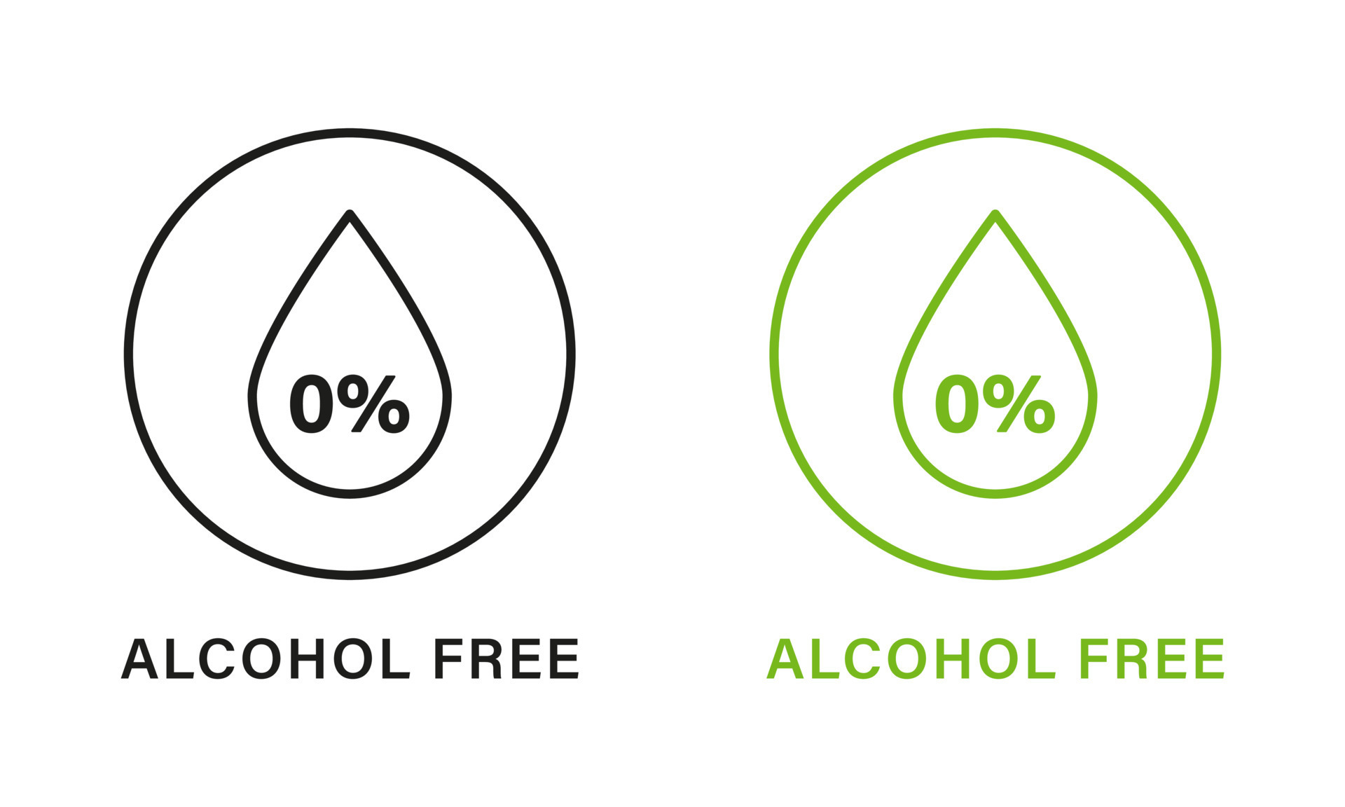Alcohol Free Product Line Green and Black Icons Set. Drop, Droplet in