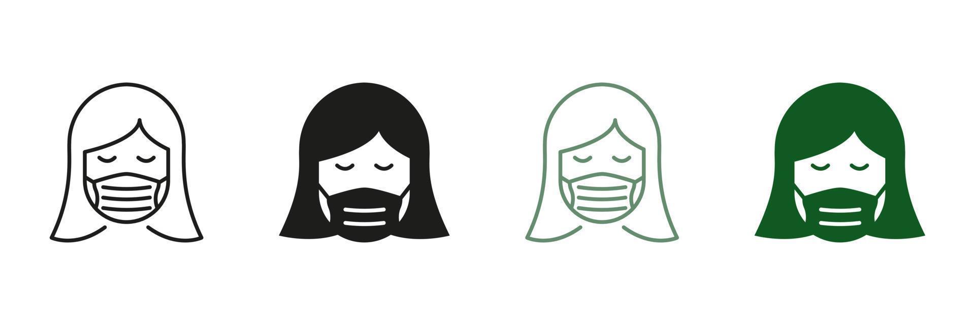 Face Protection, Mask Cover for Nose and Mouth. Woman in Medical Face Mask Line and Silhouette Icon Set. Wear Respirator Against Air Pollution Symbol Collection. Isolated Vector illustration.