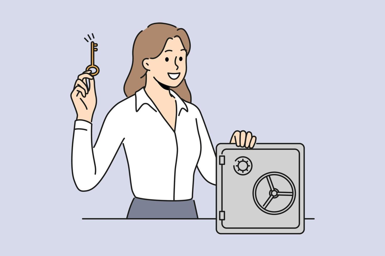 Smiling businesswoman with key standing near strongbox. Happy female employee open safe. Vector illustration.