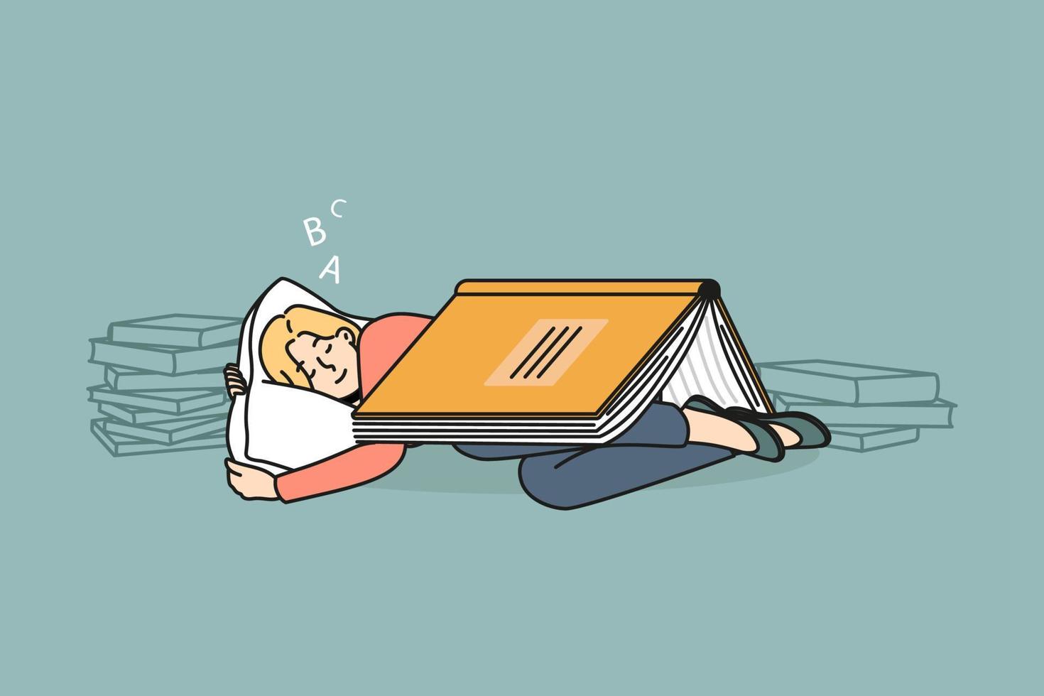 Calm girl sleeping on pillow with huge book cover. Relaxed woman rest nap after reading see dreams. Education, bookworm. Vector illustration.