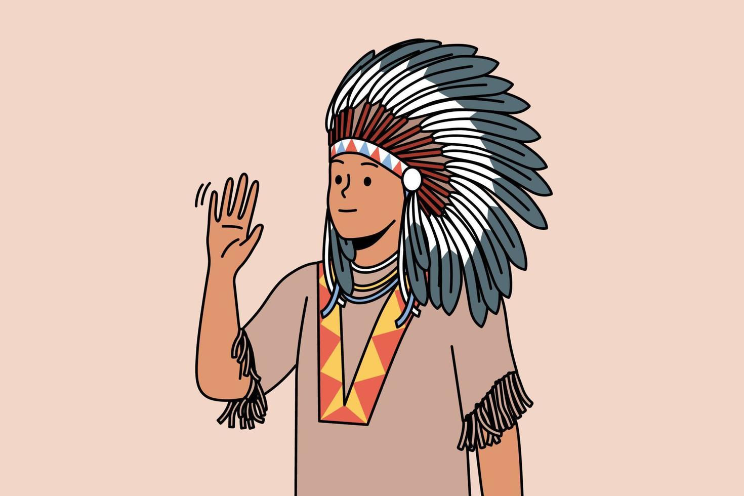 Indian man in traditional costume and headwear waving hello. Native american male in feather hat say greeting. Culture and tradition. Vector illustration.