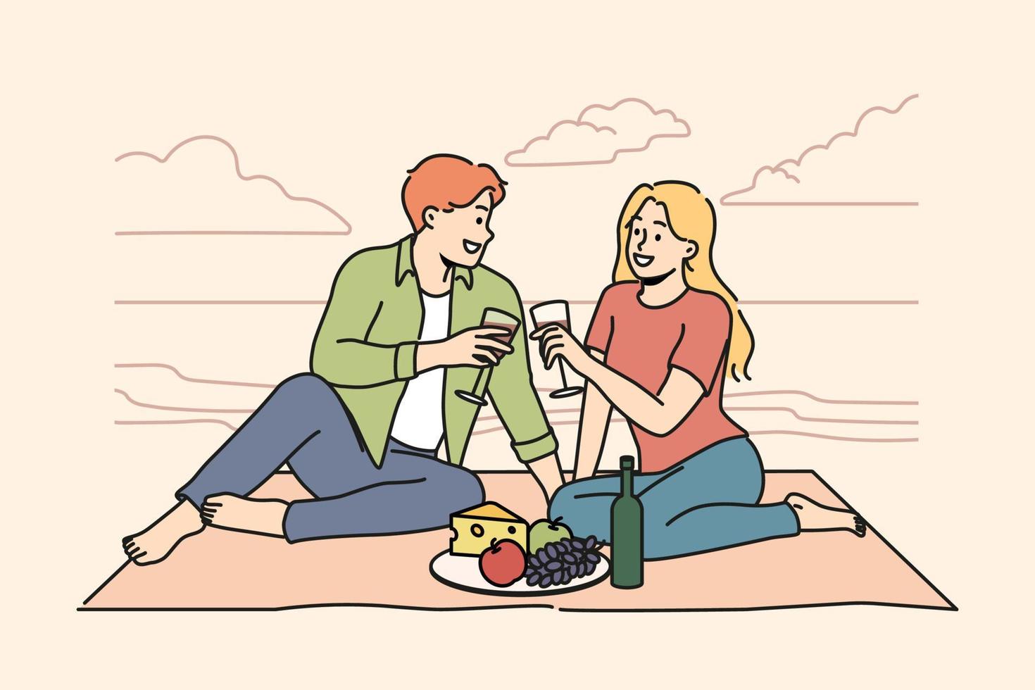 Happy couple sitting on blanket on seashore enjoying romantic date together. Smiling man and woman relax having romance on beach. Love and relationships. Vector illustration.