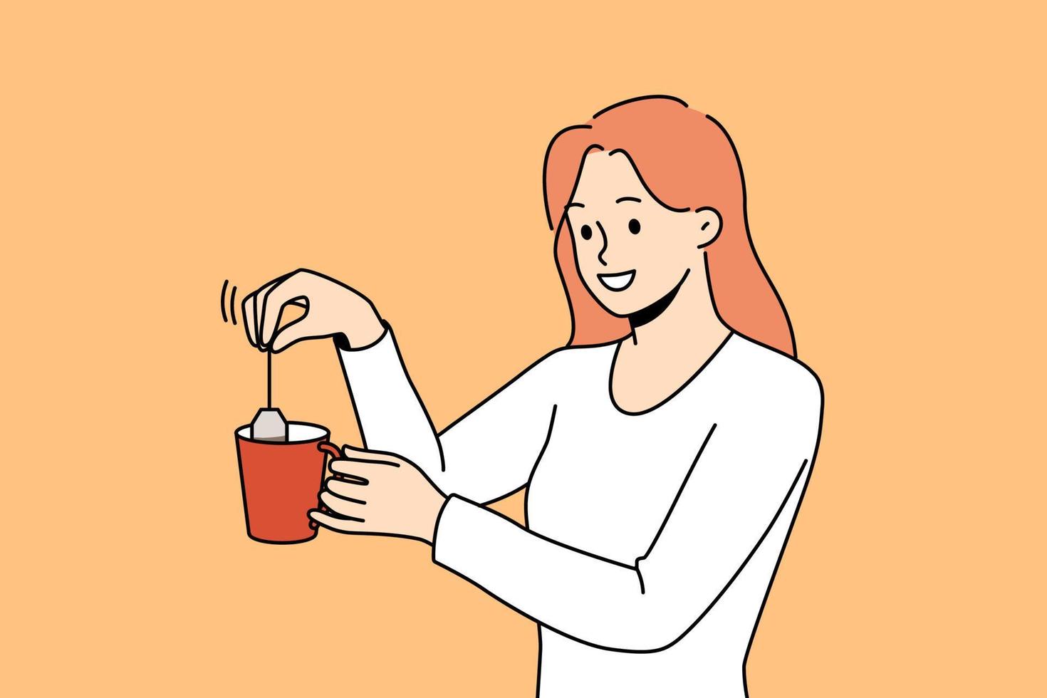 Smiling woman make tea in cup. Happy girl prepare warm drink with bag. Hot beverage for relaxation. Vector illustration.