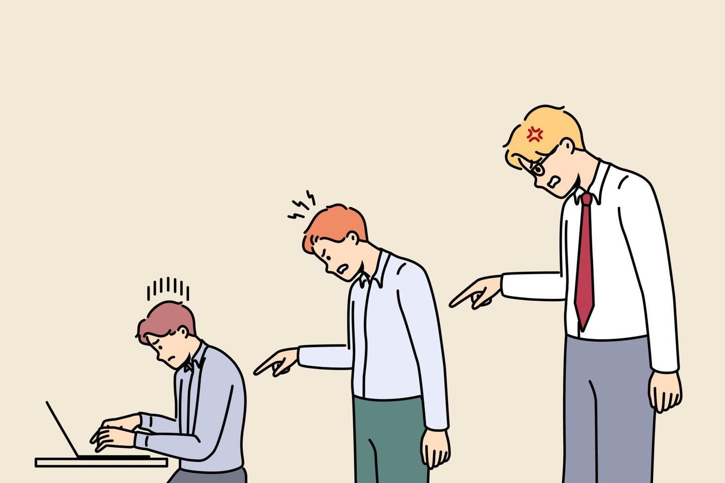 Manager scolding subordinate in office. Employer and boss lecturing supervising intern. Concept of work subordination and supervision. Vector illustration.