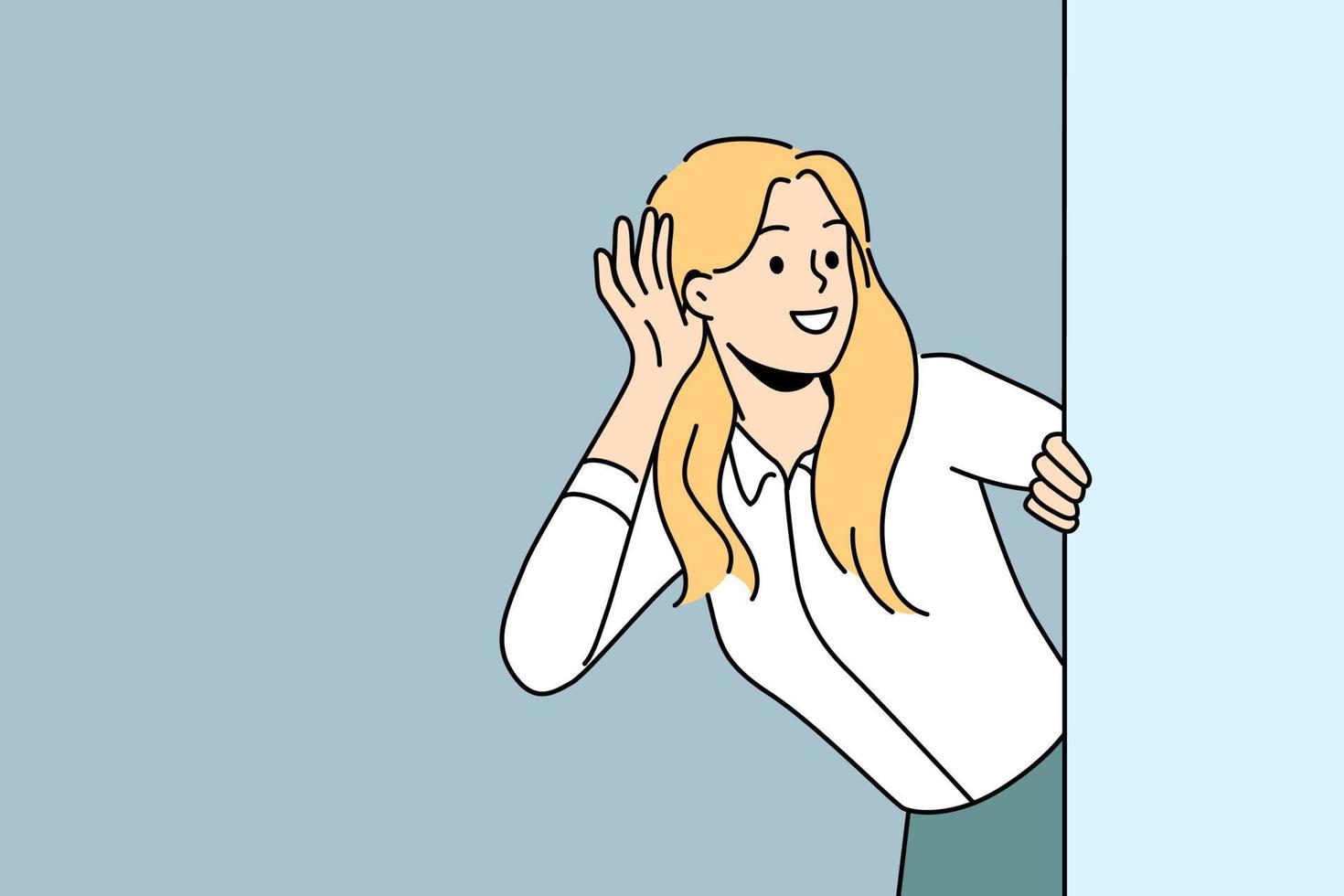 sonriente mujer Mira detrás pared escuchando a chisme o rumores. contento hembra hacer mano gesto oír oculto información o mensajes vector ilustración.