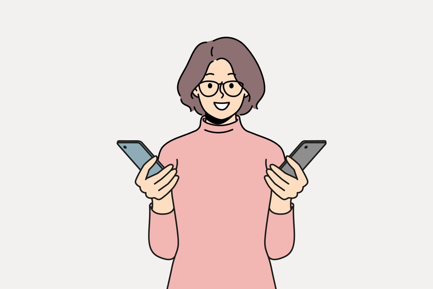 sonriente mujer sostener teléfonos inteligentes en manos. contento hembra utilizar celulares transferir información en artilugio. tecnología y electrónica. vector ilustración.