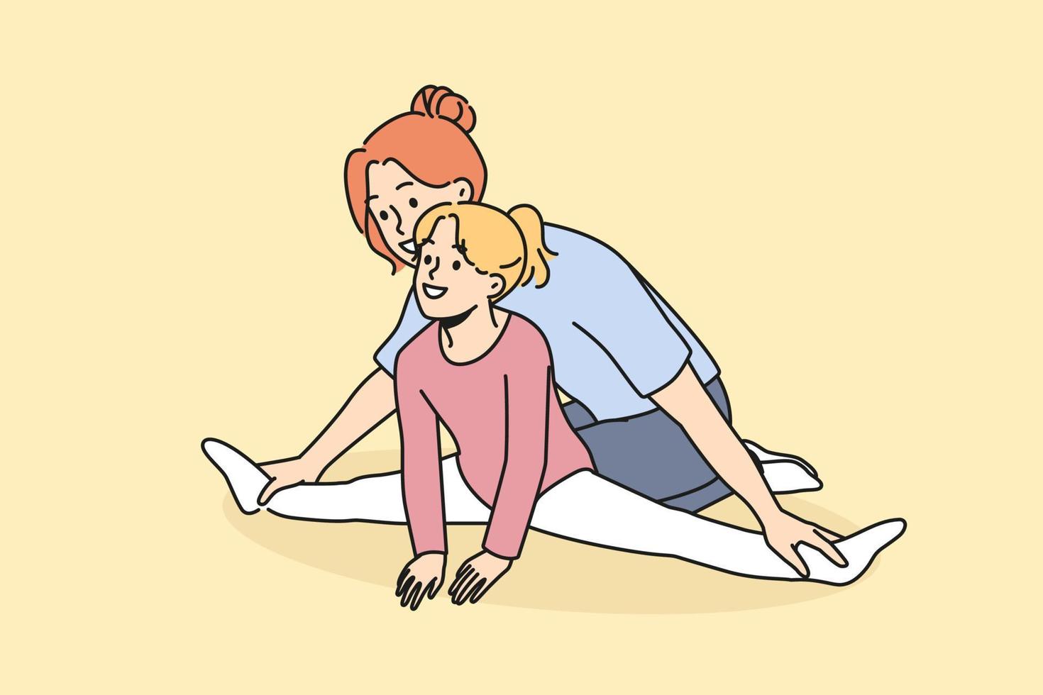 Female trainer help little girl with stretching on training. Woman coach work with happy small kid client in gymnastics studio. Vector illustration.