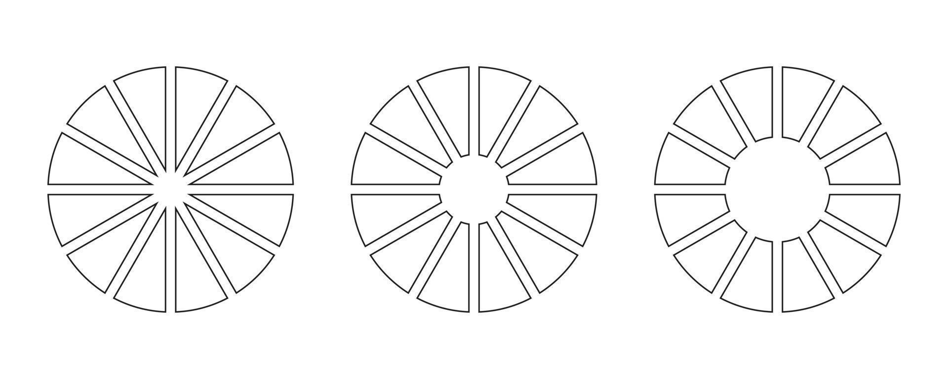 ruedas redondo dividido en doce secciones. contorno rosquilla cartas o pasteles segmentario en 12 igual partes. diagramas infografía colocar. circulo sección grafico línea Arte. tarta gráfico icono. geométrico elementos. vector