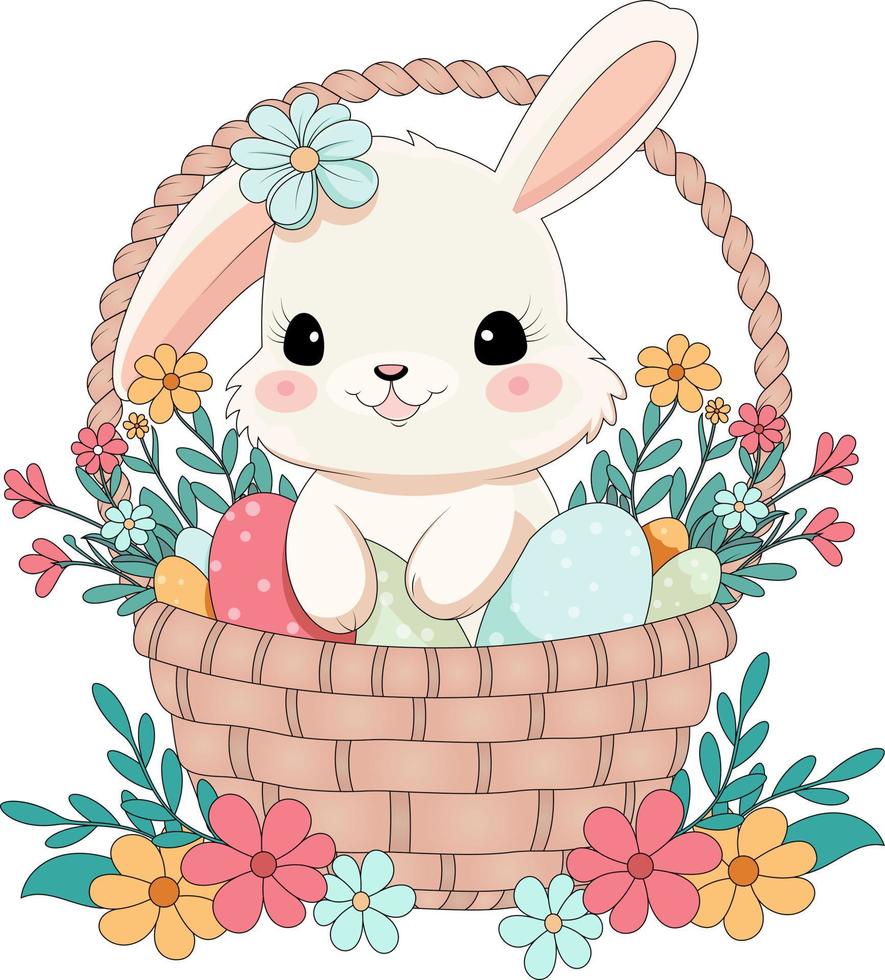 linda pequeño Conejo con Pascua de Resurrección huevos en cesta vector ilustración - Pascua de Resurrección conejito con un cesta de Pascua de Resurrección huevos