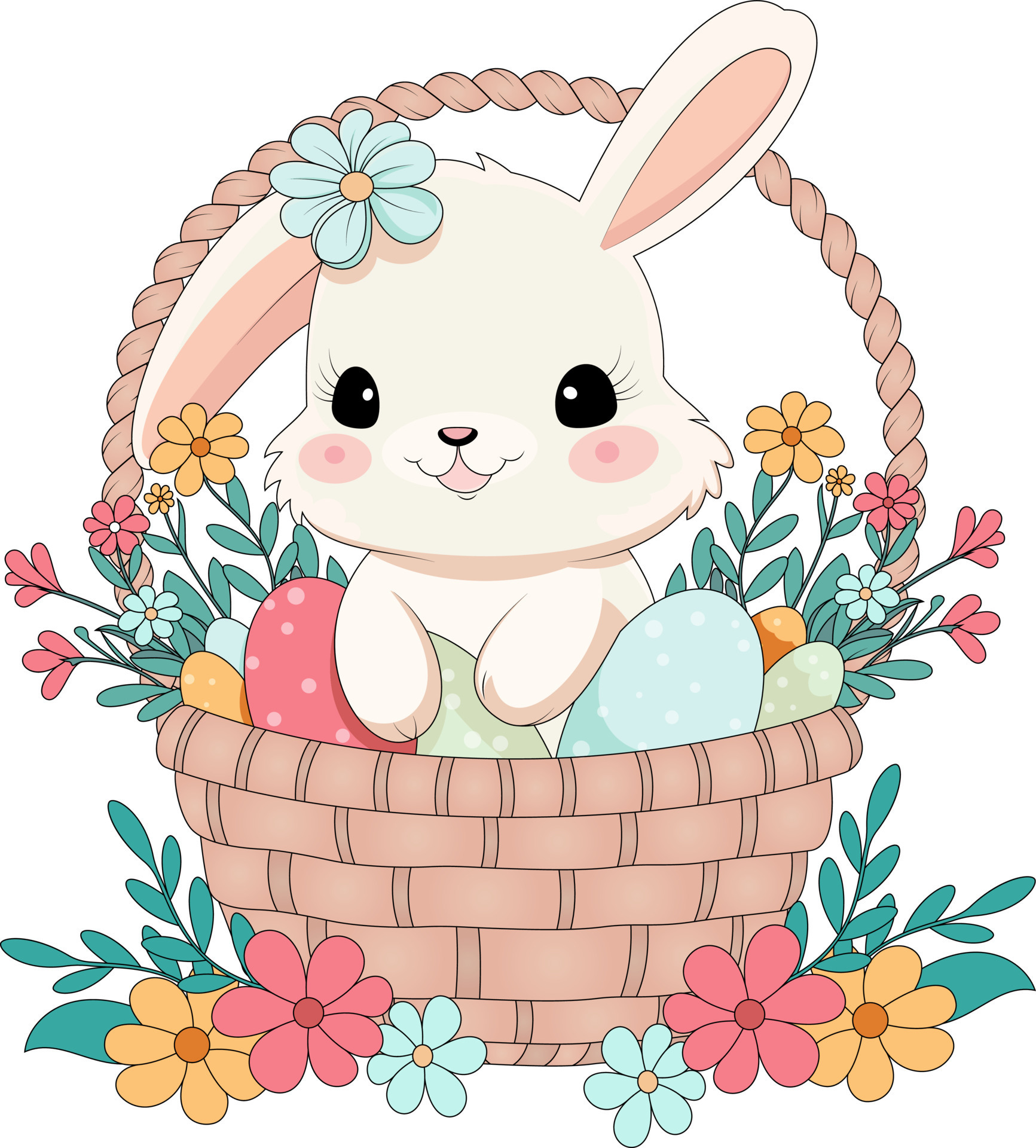 Cute little Rabbit with Easter eggs in basket vector illustration