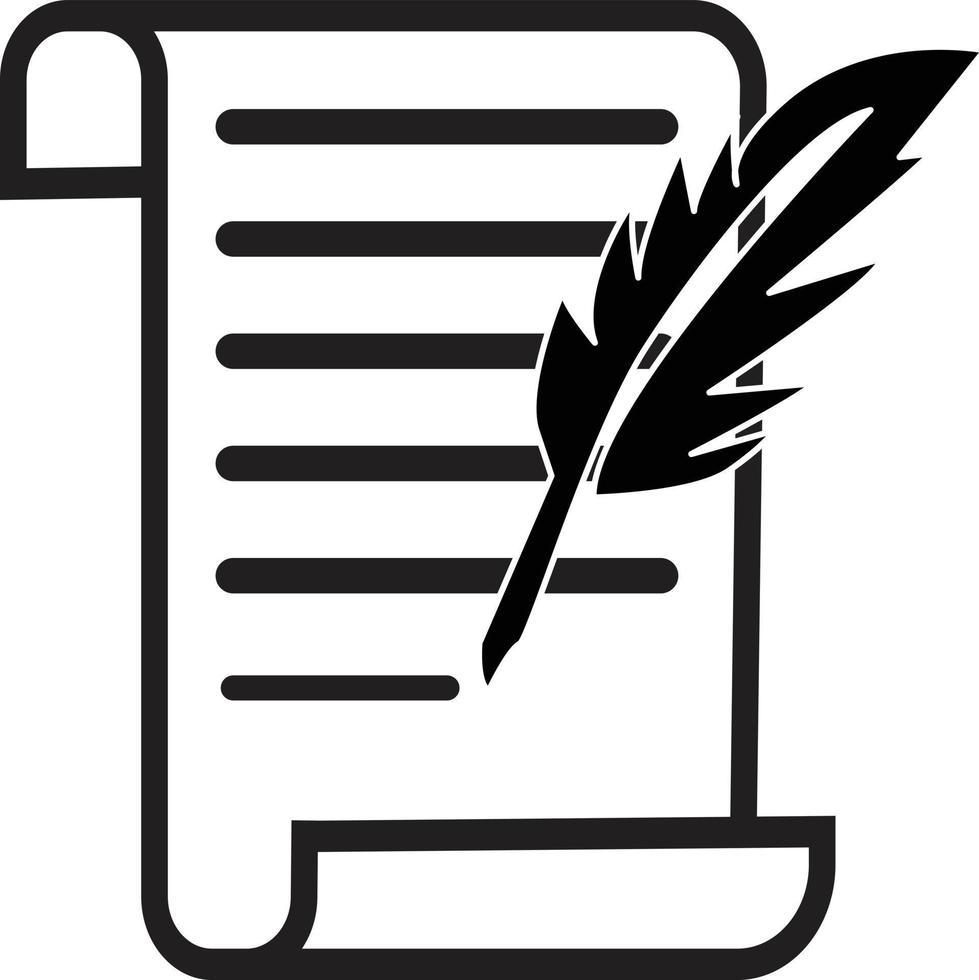 writing on a scroll with a feather quill pen icon. vintage Feather quill pen logo sign. black sign literature symbol. flat style. vector