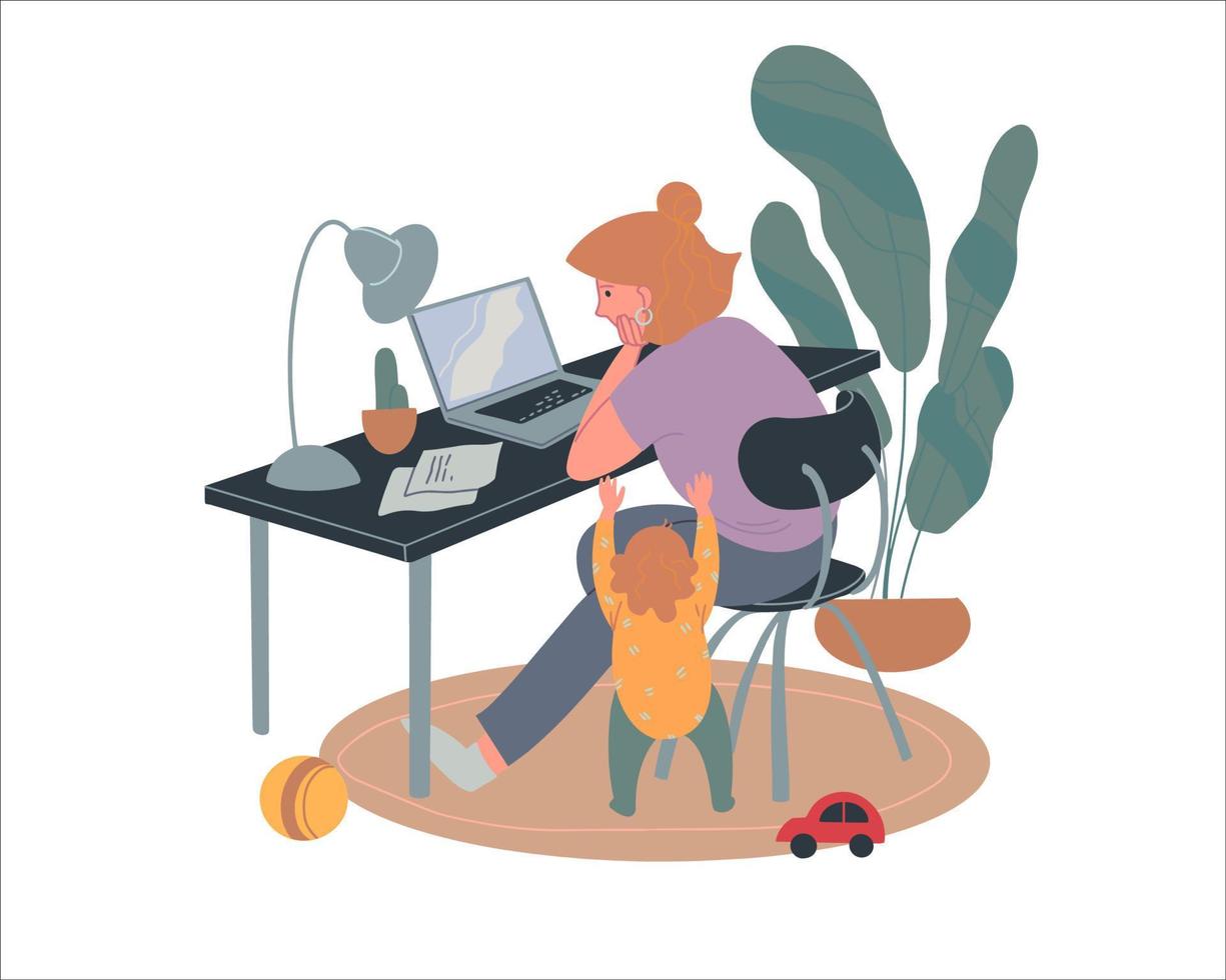 Tired mom works from home, mom tries to work on a laptop when her child interferes. Flat vector illustration. Isolated on white. Difficulties of motherhood