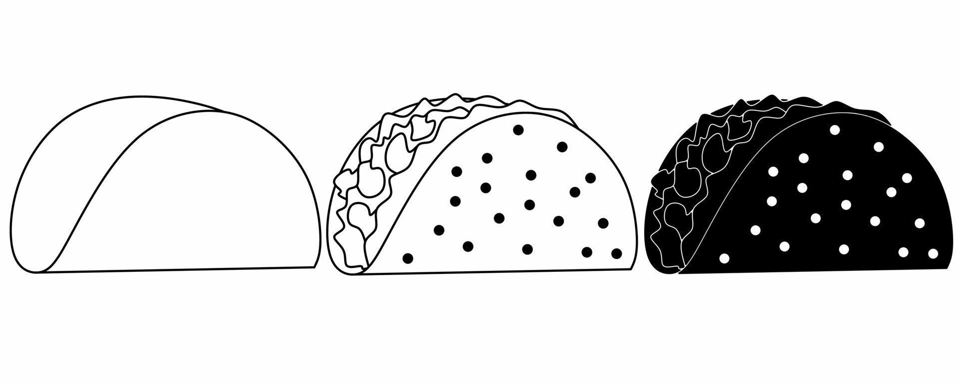 outline silhouette taco icon set isolated on white background vector