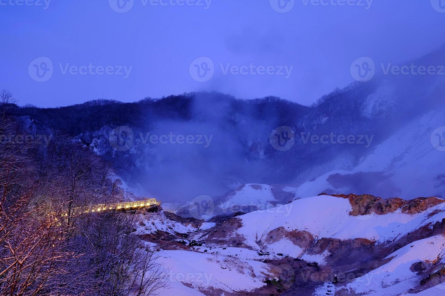 Noboribetsu Hell Valley in Winter at Night where is a Famous Tourist Attraction in Hokkaido, Japan. photo