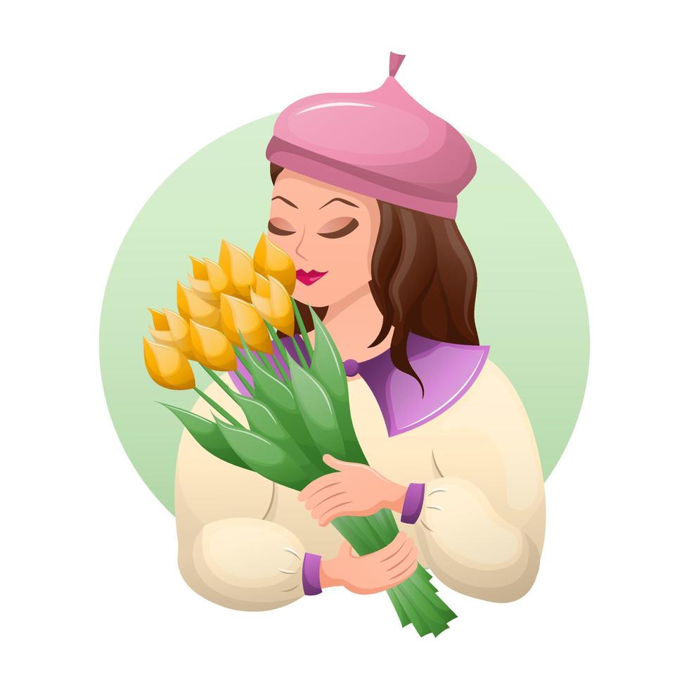 Pretty girl is holding bouquet of tulips. Delicate spring bouquet in the hands of young lady. Flat vector illustration.