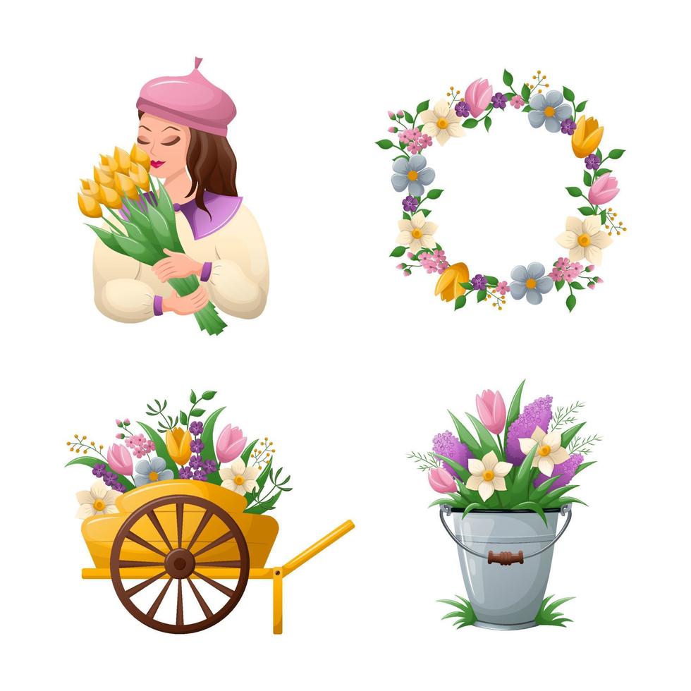 Set of illustrations with spring theme. Delicate pictures with flowers. Gardening, floristry and flower girl. Flat vector illustration.