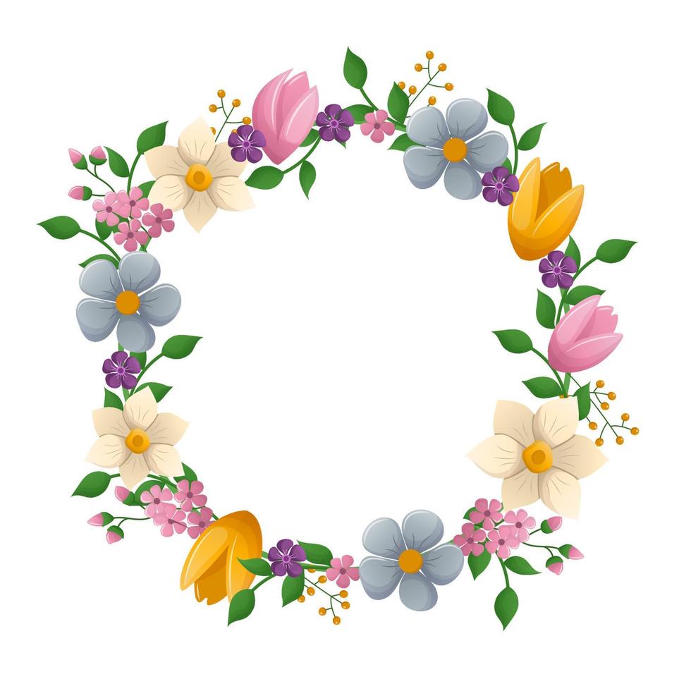 Spring design template with beautiful flowers. Delicate round frame with tulips and daffodils. Vector illustration on white background.