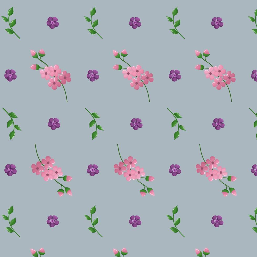 Spring seamless pattern with flowers on a blue background. Delicate pattern with cherry blossoms and green branch. Vector illustration.