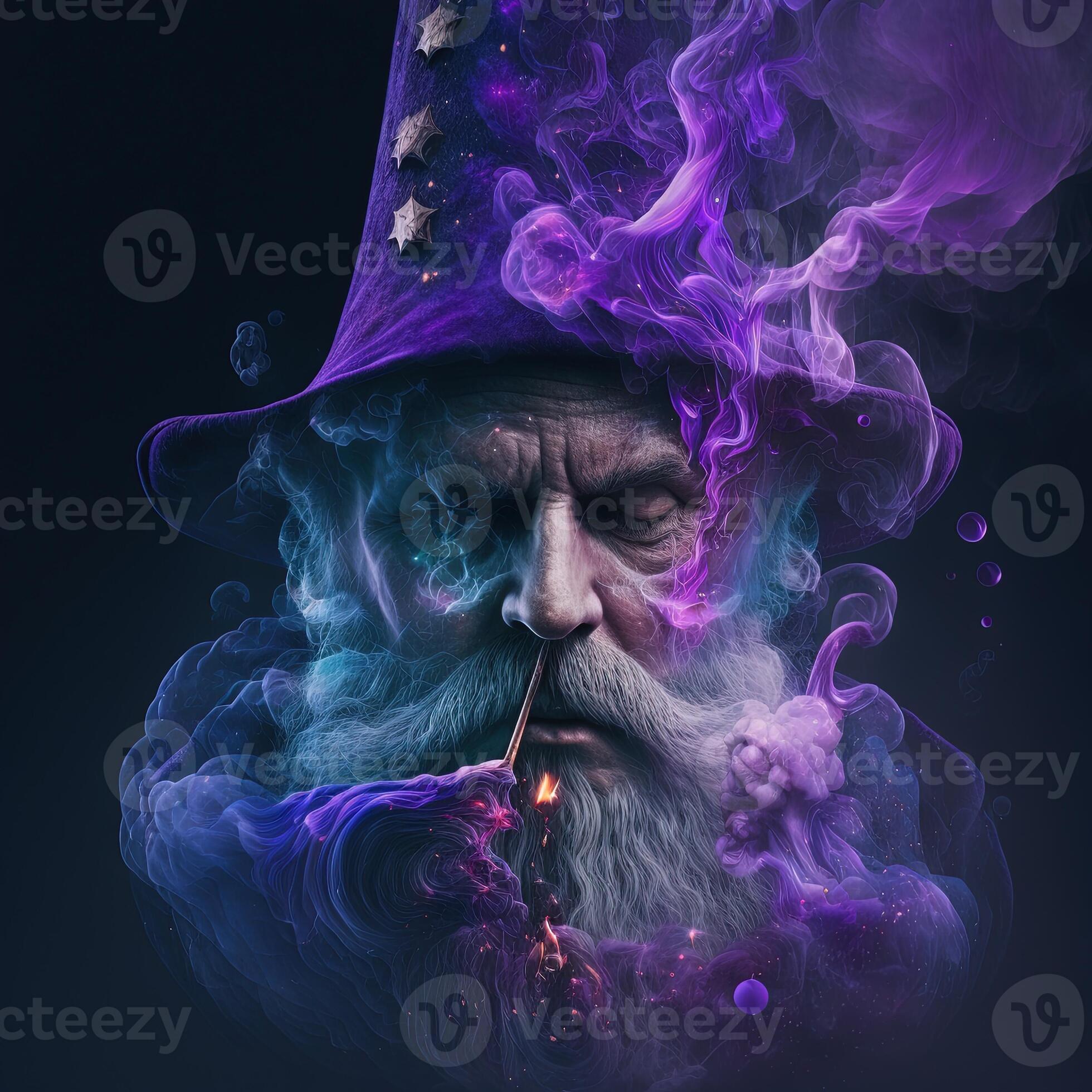 Old wizard with hat making magical potion digital art Stock Illustration