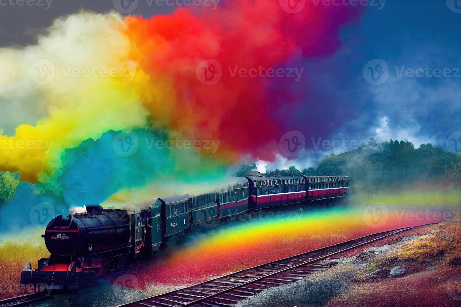illustration a steam locomotive with colorful rainbow smoke made with photo