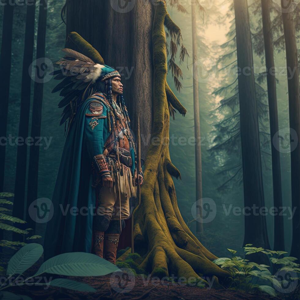 ilustración nativo americano en un alto bosque hecho con generativo ai foto