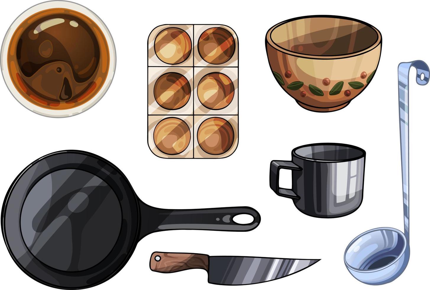 A set of items for cooking. Frying pan, plates, ladle and mug vector