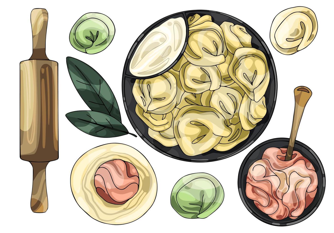 A set of painted dumplings and meat for filling. Russian traditional dish. vector