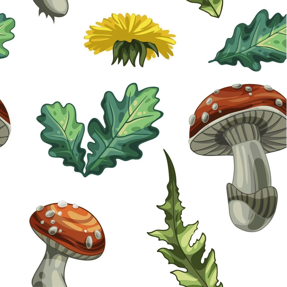 A pattern of wild mushrooms, leaves and flowers vector