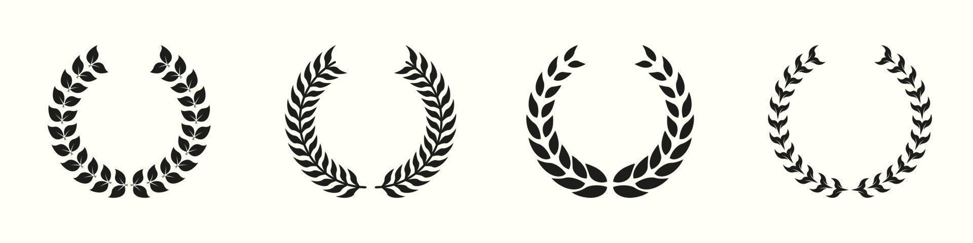 Laurel Wreath Silhouette Icon Set. Vintage Olive Leaves Symbol. Champion's Trophy. Circle Leaf Award for Winner Glyph Pictogram. Victory and Prize Sign. Triumph Emblem. Isolated Vector Illustration.
