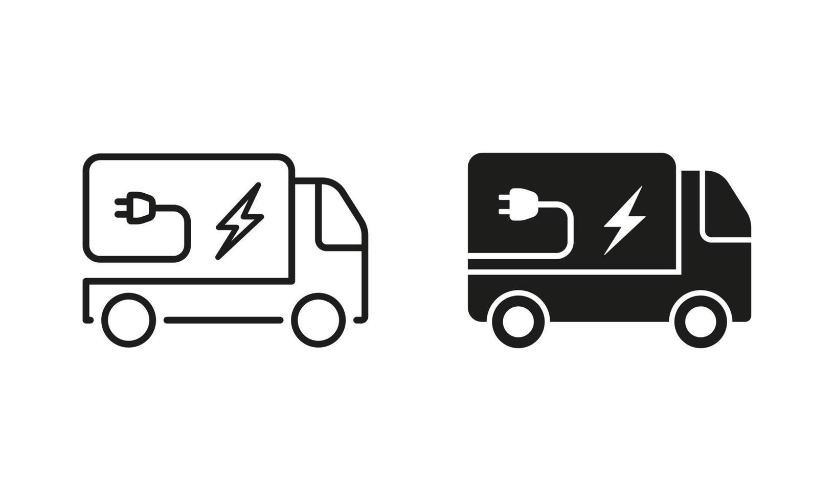 Vehicle Transport with Eco Green Electricity Power Line and Silhouette Icon Set. Electric Van Pictogram. Ecology Energy Truck Symbol Collection on White Background. Isolated Vector Illustration.