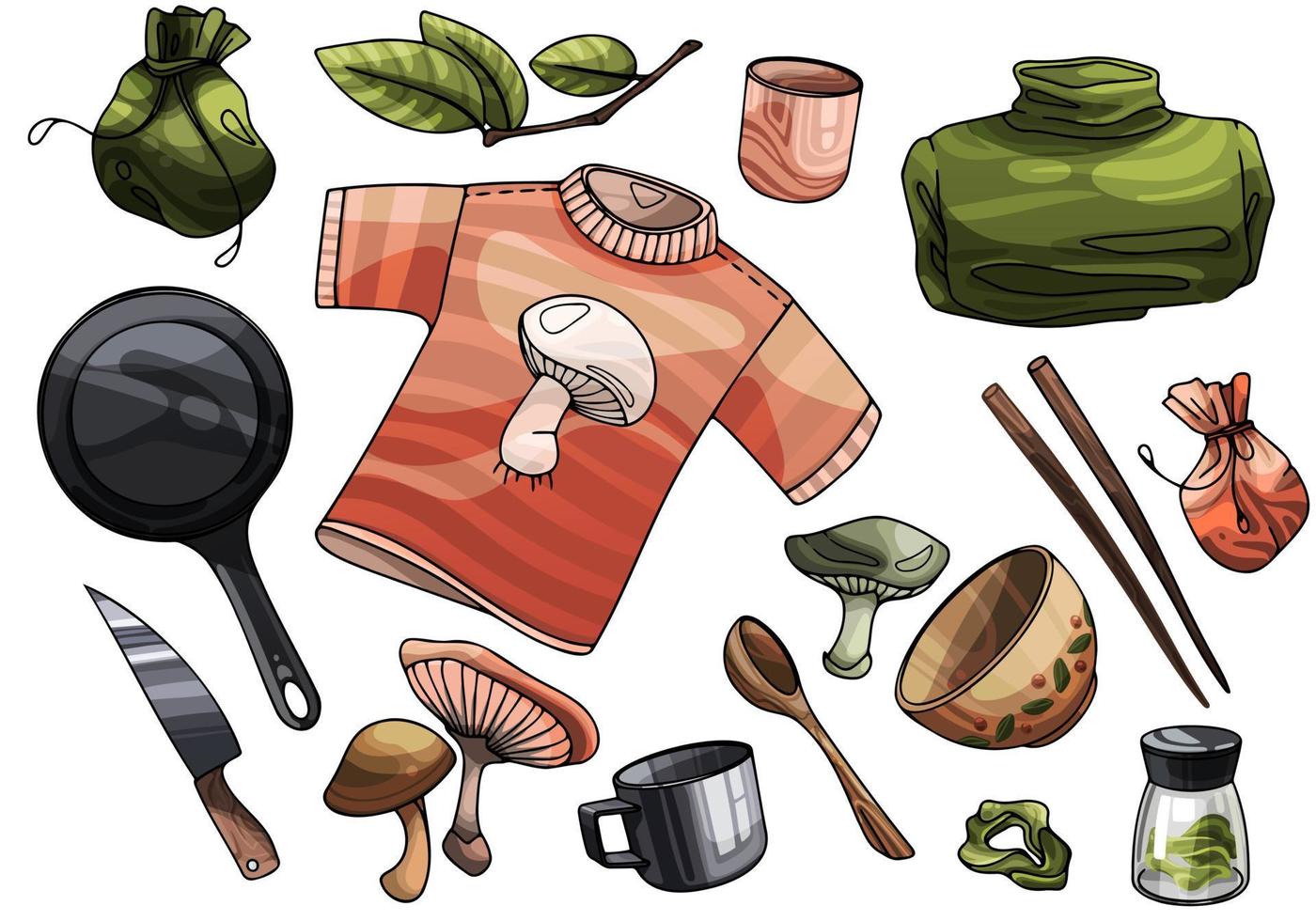 A set of cozy items for a hike. Sweaters, dishes, spices, natural attributes and mushrooms vector