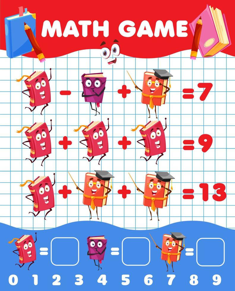 Cartoon books and textbooks math game worksheet vector