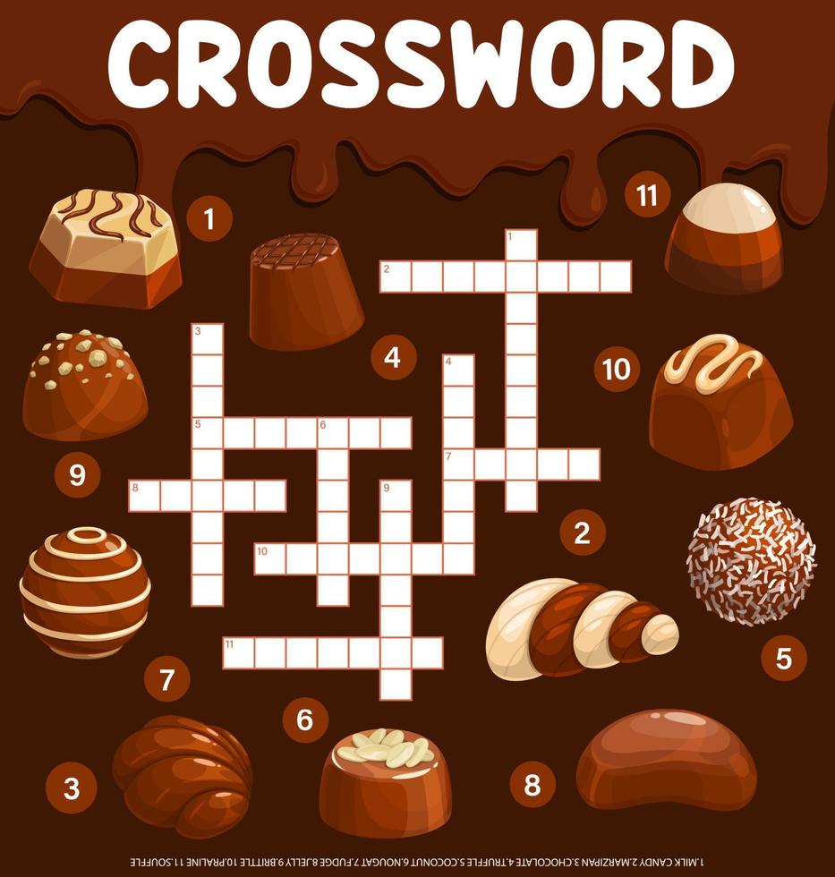 Chocolate candies and sweets crossword worksheet vector
