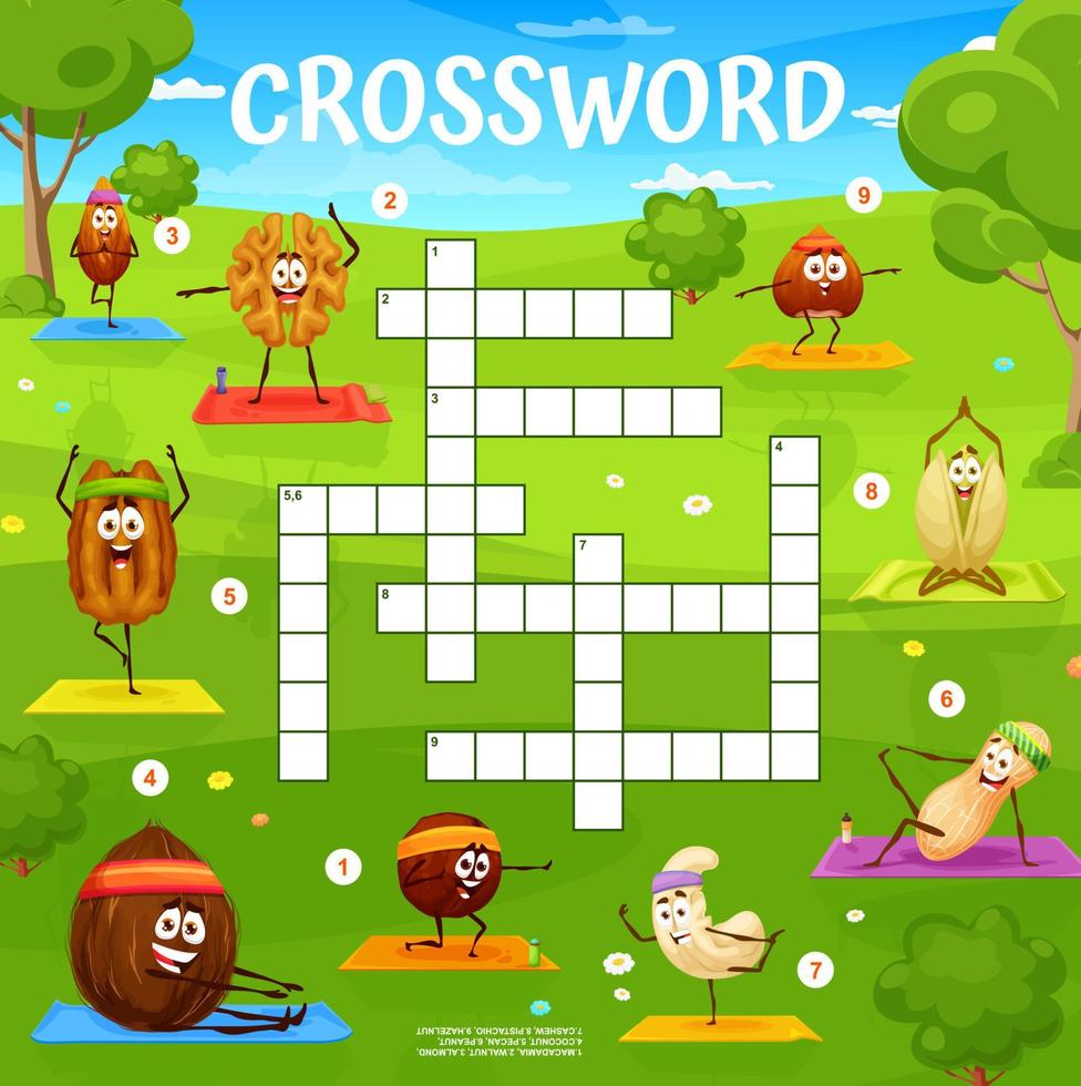 Cartoon nuts characters on yoga on meadow quiz vector