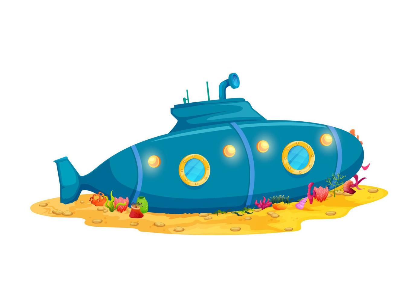 Cartoon submarine ship, underwater house building vector