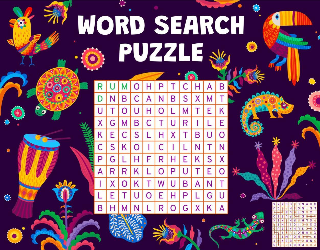 Word search puzzle game, cartoon Brazilian animals vector