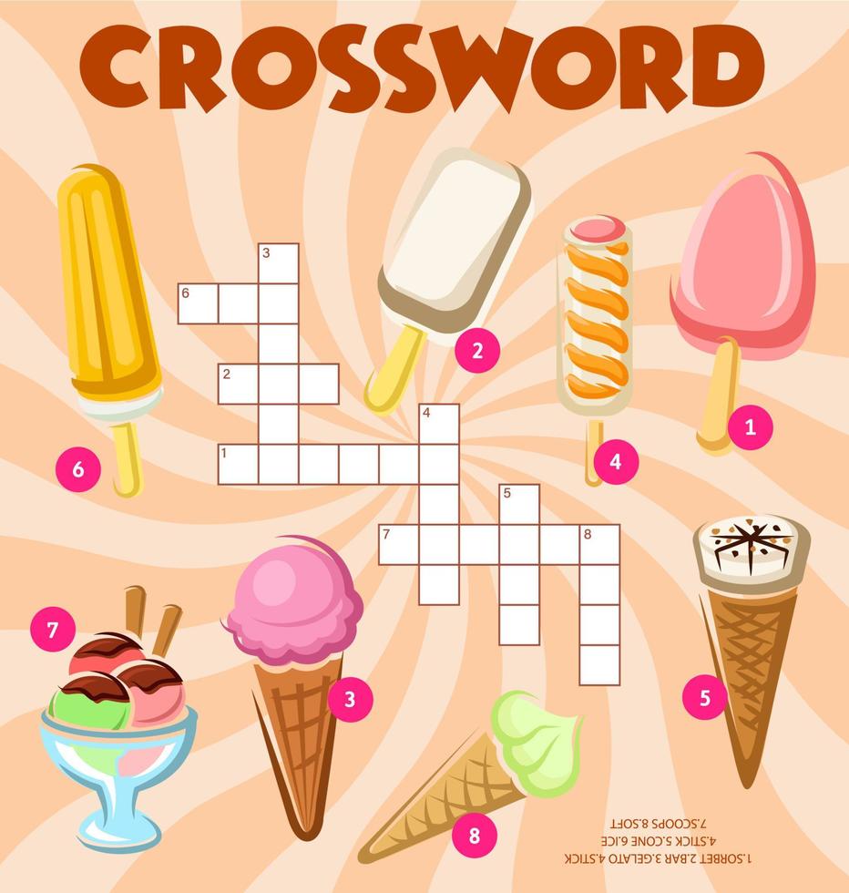 Ice cream dessert, crossword puzzle worksheet grid vector