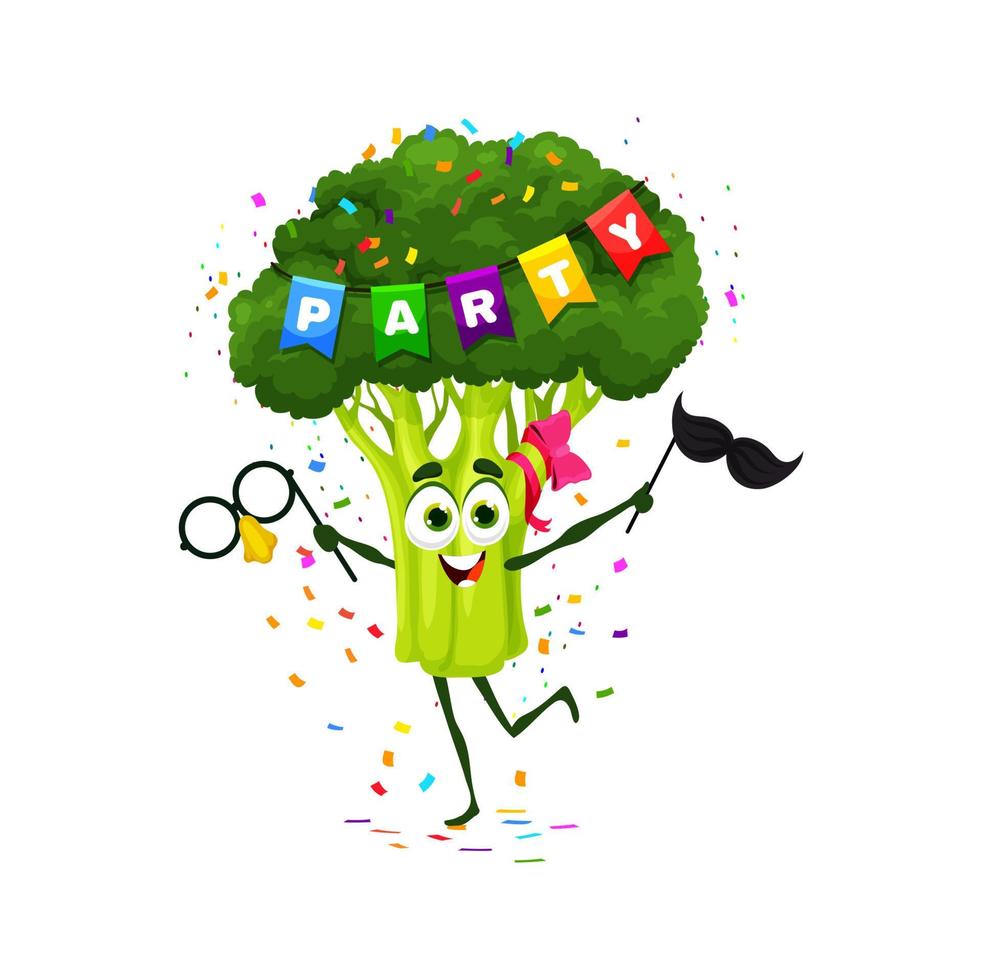 Cartoon broccoli vegetable character on party vector