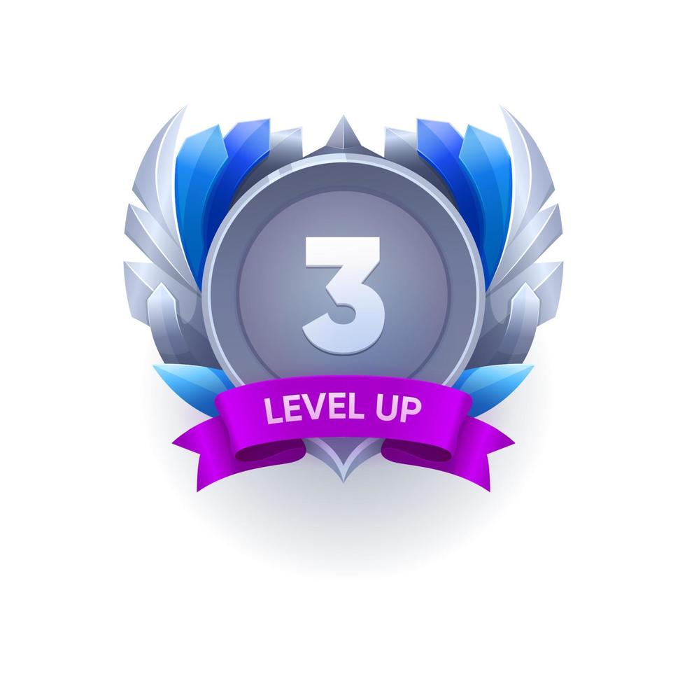 Game level up and win metal badge, ui icon, label vector