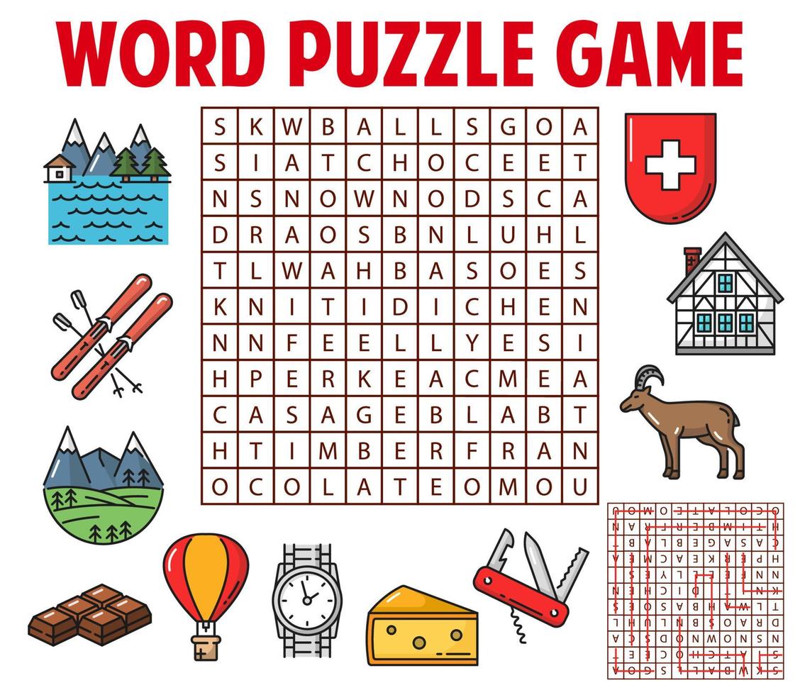 Switzerland and swiss items word search puzzle vector