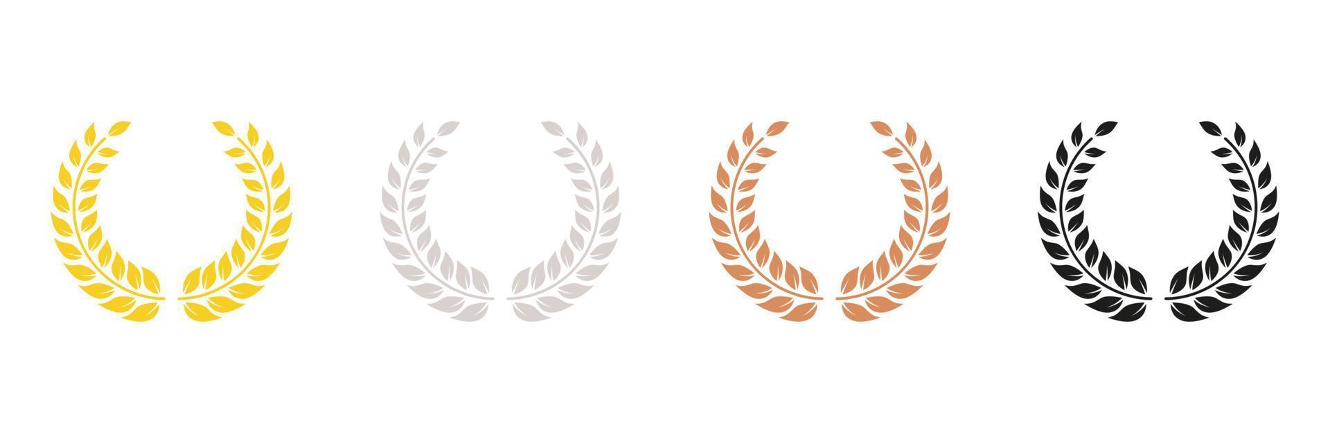 Winner Chaplet. Vintage Olive Leaves Emblem. Laurel Wreath Silhouette Icon Set. Gold, Silver, Bronze, Black Leaf Award Glyph Pictogram. Circle Tree Branch Success Symbol. Isolated Vector Illustration.