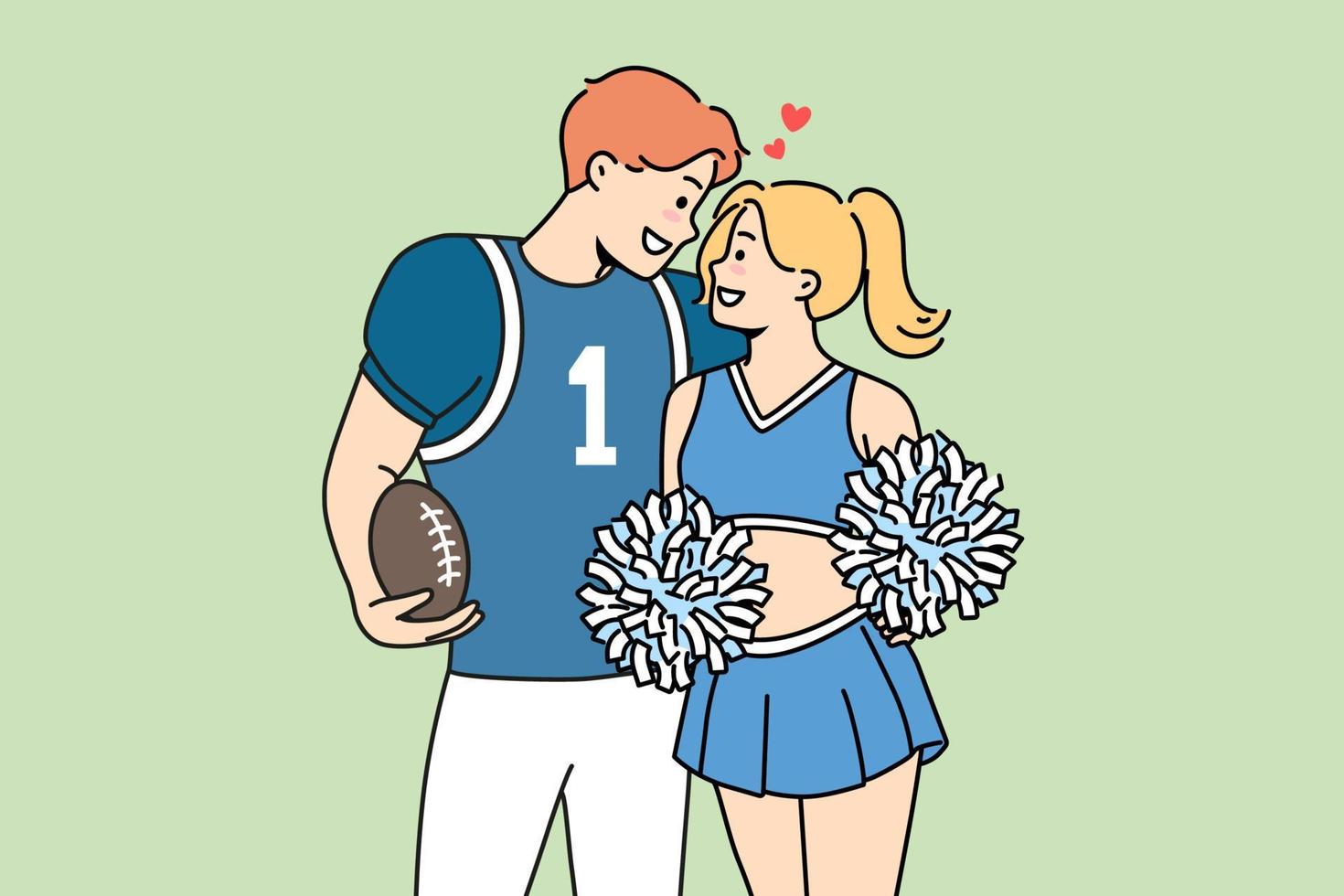 Smiling teen couple in sport uniform hugging. Happy guy American football player and girl cheerleader embrace. Love and relationships. Vector illustration.