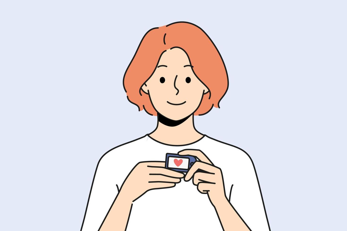 Smiling woman using pulse oximeter checking oxygen saturation. Happy female patient with medical equipment measure blood and pulse rate. Healthcare. Vector illustration.