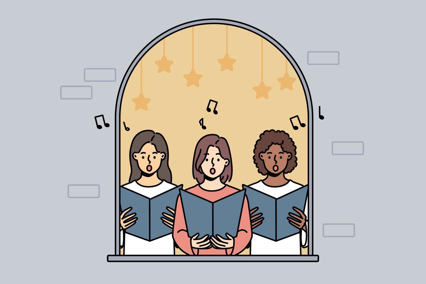 Girls in house window singing together. Female singers sing in choir, engaged in musical group activity. Vector illustration.