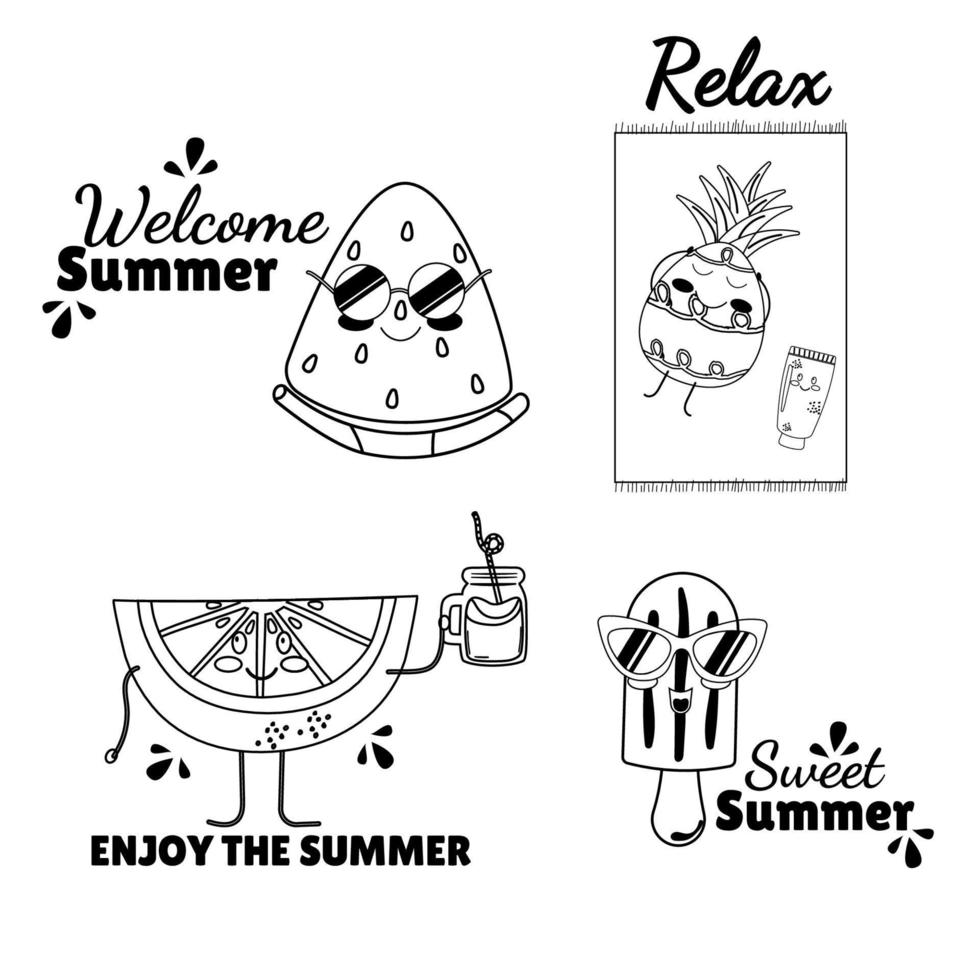 Cartoon summer outline cute doodle  kawaii ice cream, watermelon, pineapple, lime. vector