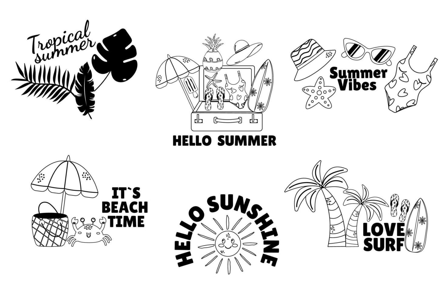 Summer outline set of doodle badge label design with lettering vector